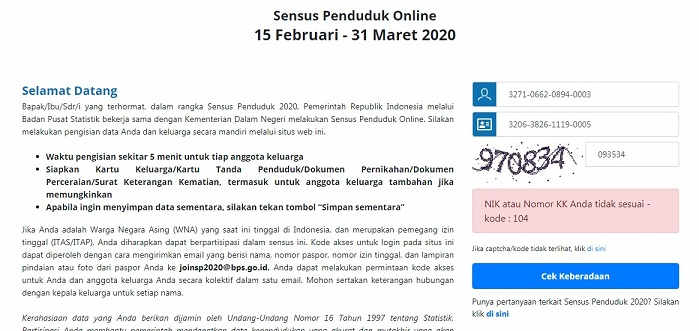 Sensus Penduduk Online 2020 : Mengatasi Error NIK atau Nomor KK Anda tidak sesuai - kode : 104 Sensus Penduduk Online 2020 : Mengatasi Error NIK atau Nomor KK Anda tidak sesuai - kode : 104