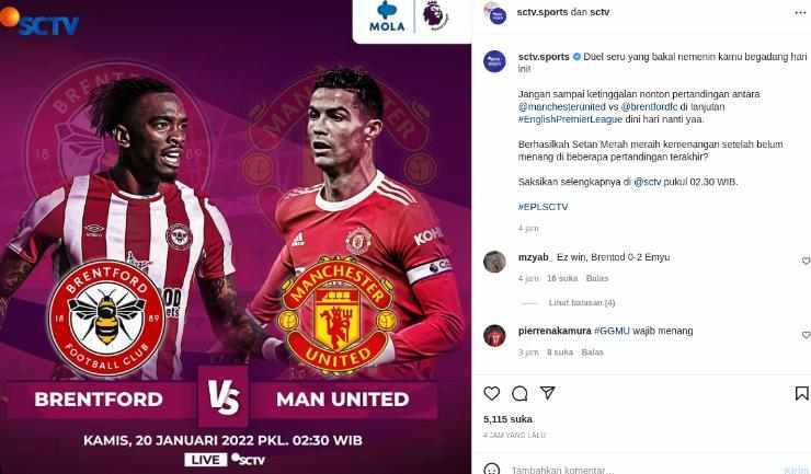 Brentford vs MU Disiarkan Langsung SCTV Malam Ini